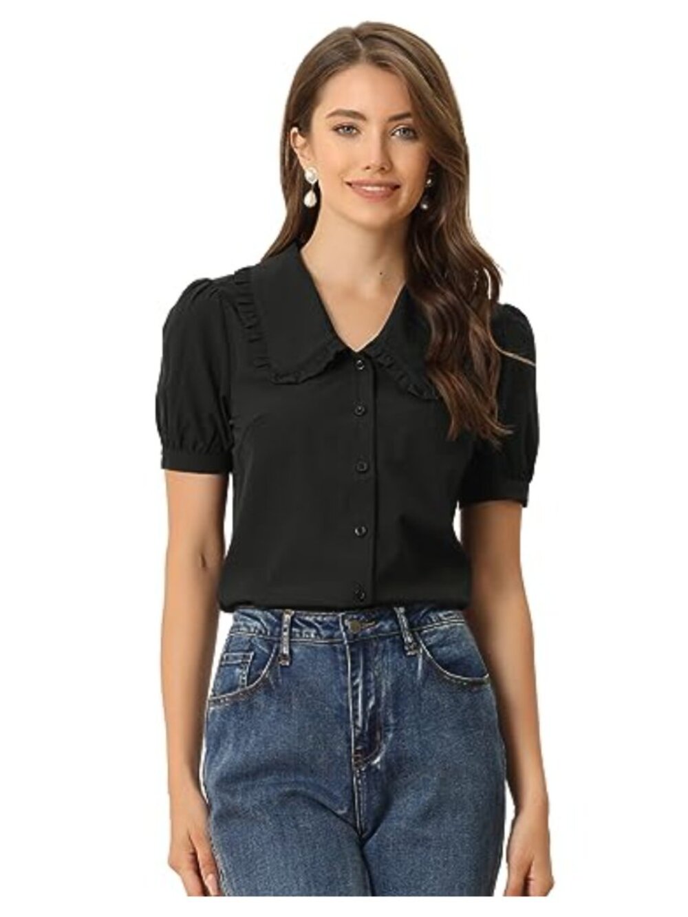 Peter Pan Collar Blouse Puff Sleeve Retro Button Down Top